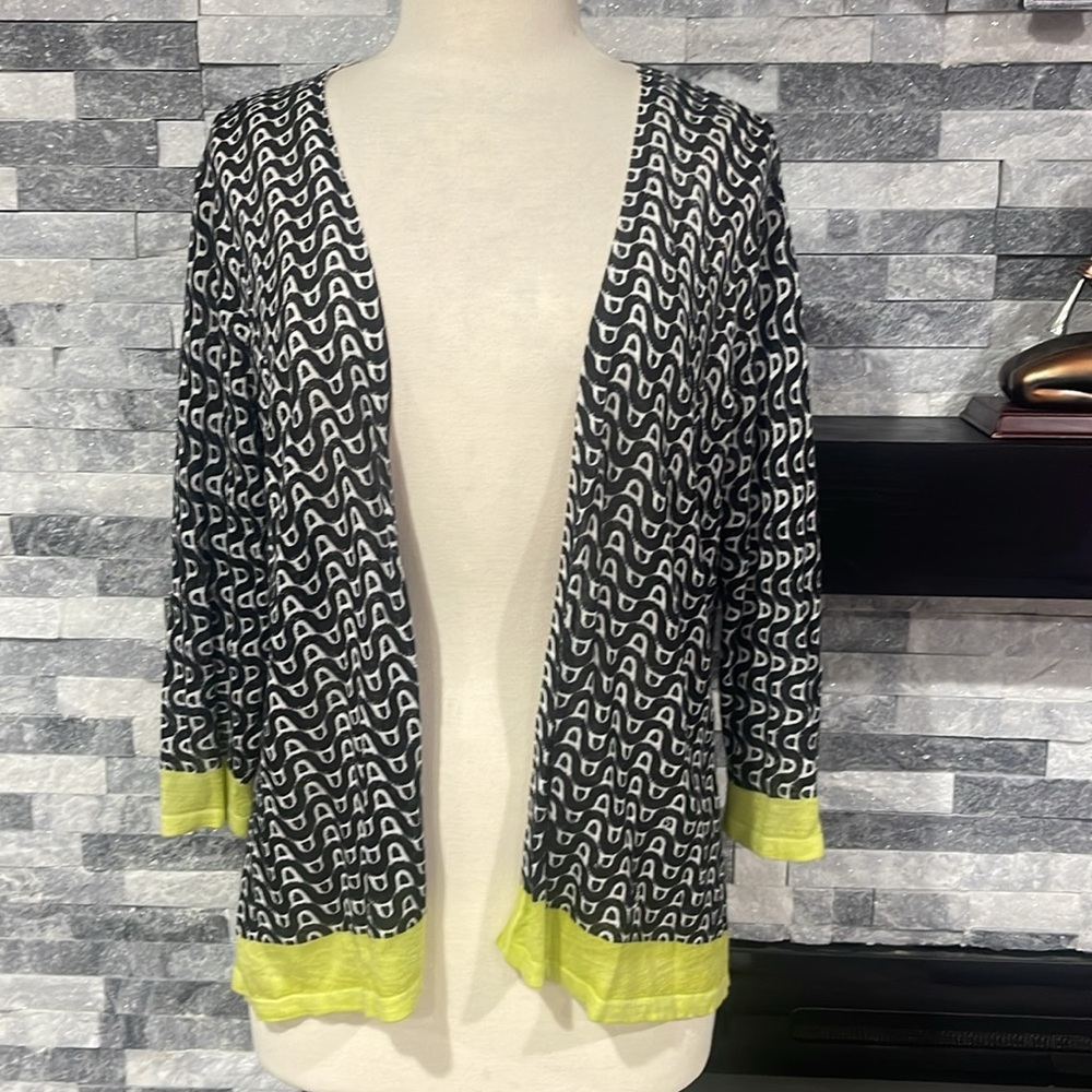 Chico's Geometric Sleeve 3/4 Open Cardigan Lightweight Sweater Size 2 (M)